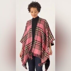 Juicy Couture pink plaid fringed hem reversible ruana‎ shawl scarf One Size new
